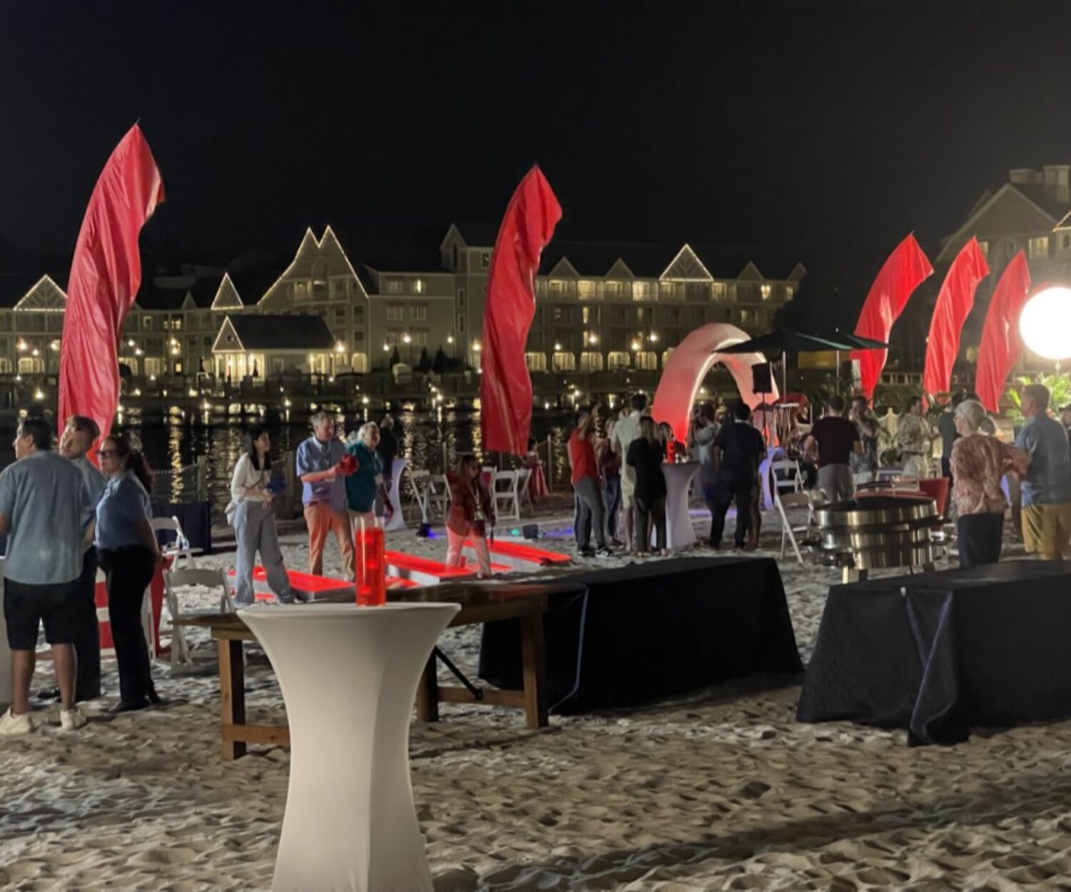 Red Feather Banners at Night