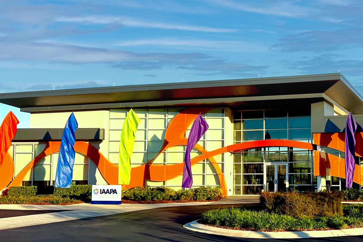 Solid-Color Kiteman Feather Banners at IAAPA World HQ
